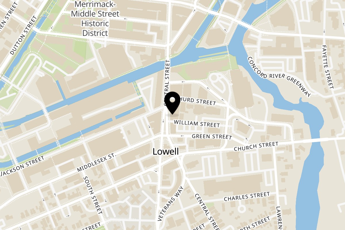 Map showing the location of Espresso Pizza on 220 Central St in Lowell